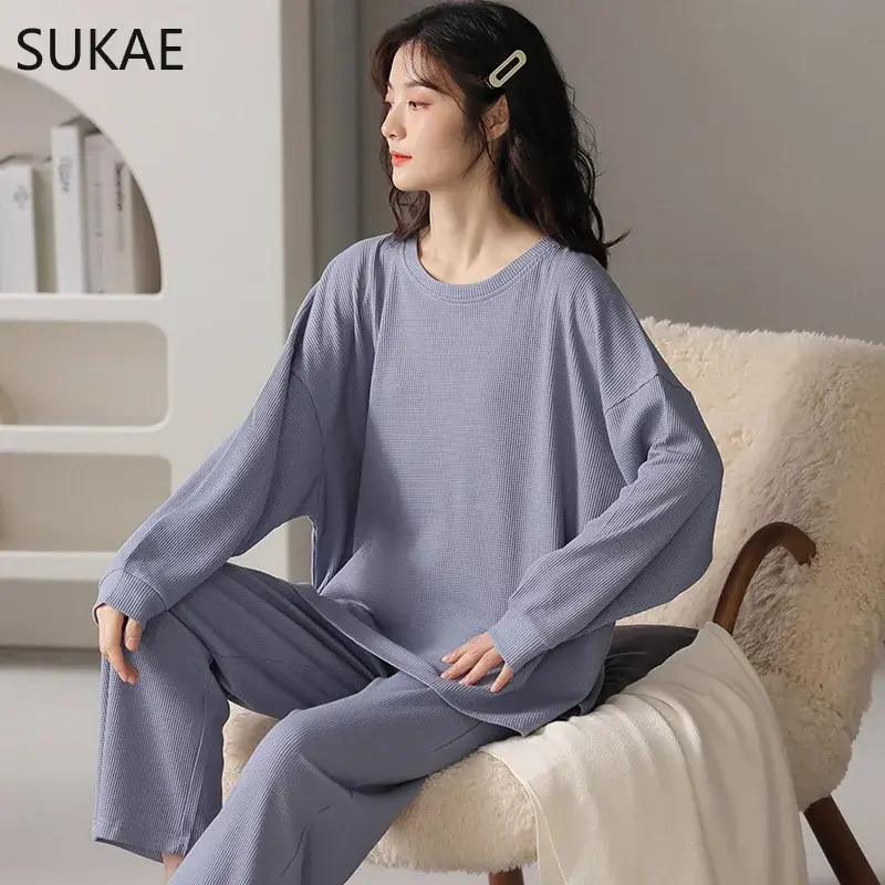 SUKAE-Pyjama en Coton Gaufré de Style Minimaliste Coréen pour Femme, Vêtements de Nuit à Manches sulf, Col Rond, Zones Kawaii, Printemps et Automne