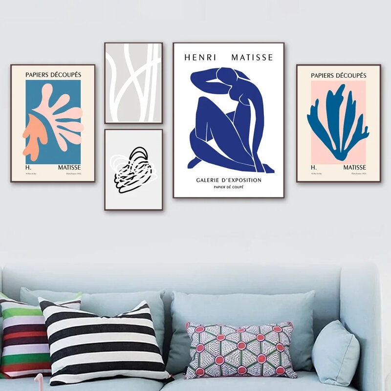 Голубая абстрактная линия Matisse, Женская Настенная картина с листьями, скандинавские постеры и фотообои для гостиной, домашний декор