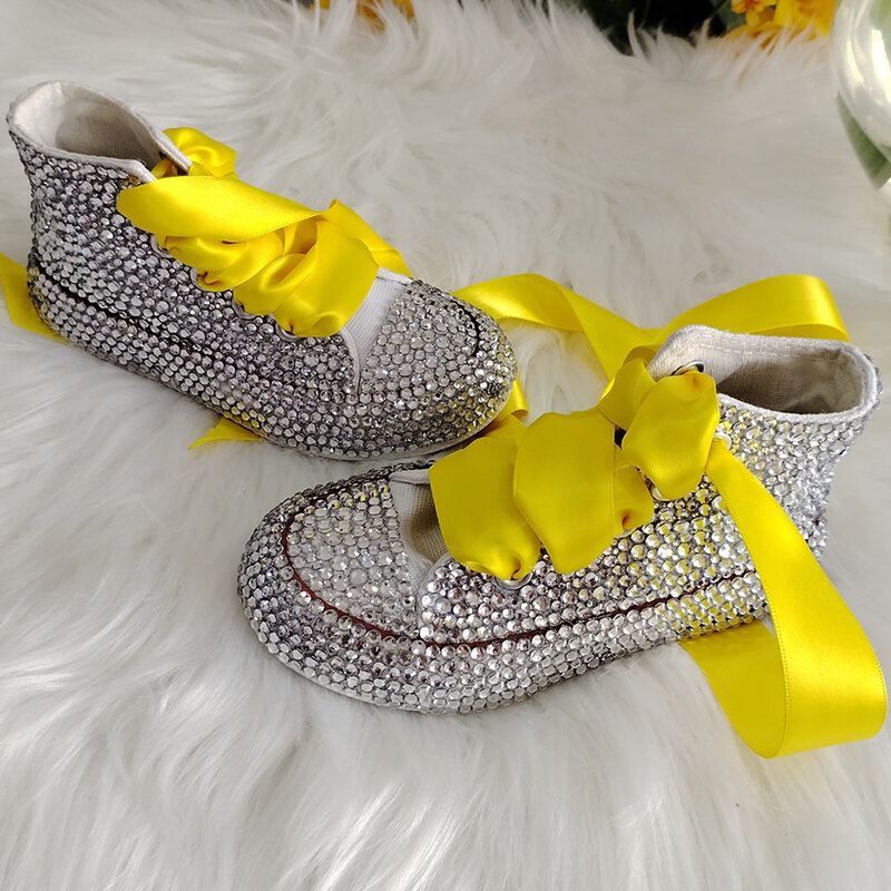 Zapatos de lona con diamantes de imitación hechos a mano para niñas y mujeres, zapatillas de perlas brillantes, fiesta de cumpleaños, boda