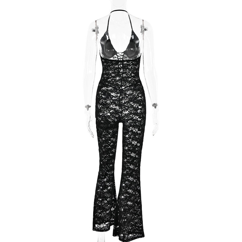 2024 Summer Sexy Lace See Through Slim Jumpsuit Women Halter Bandage Sleeveless Backless Elegant Flare Rompers Streetwear Outfit