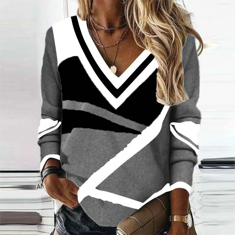 Женский свитер с длинным рукавом, V-образным вырезом и геометрическим принтом