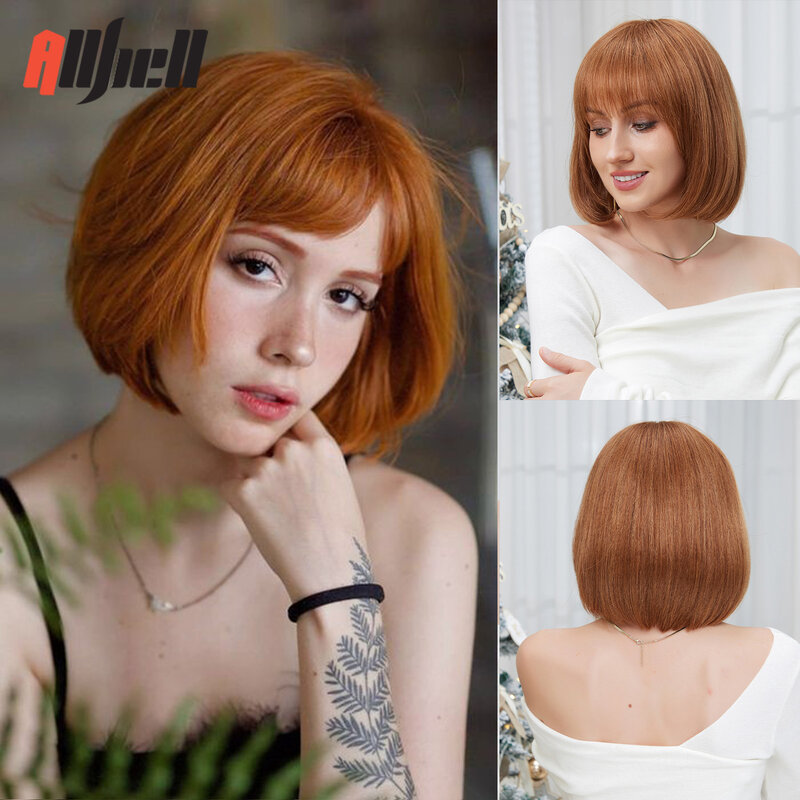 Red Brown Ginger Blend Human Hair With Synthetic Fiber Wigs for Women Short Straight Bob Natural Wig With Bangs Heat Resistant