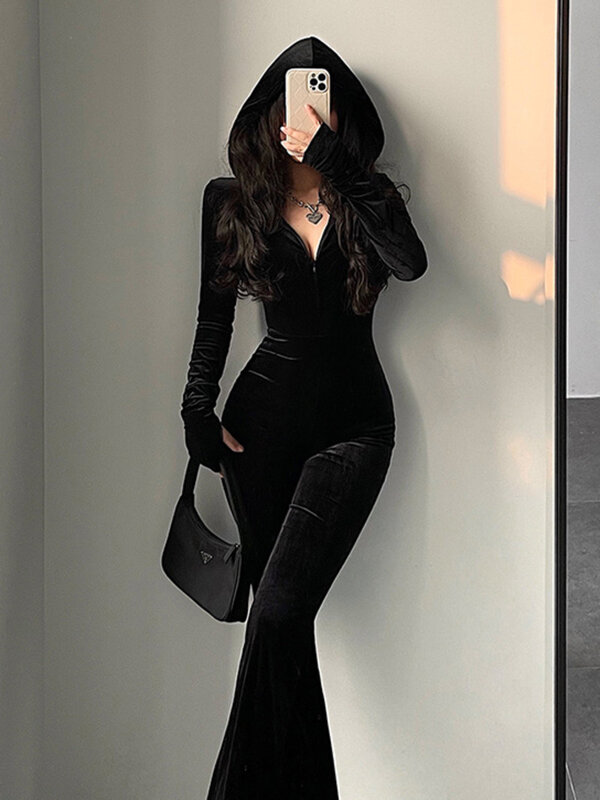 TVVOVVIN Модный Черный Бархатный Тонкий комбинезон с капюшоном на молнии с длинным рукавом расклешенные брюки комбинезоны корейские сексуальные топы 2023 9P64