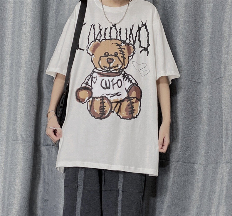 T-Shirt d'été en coton à manches courtes pour hommes, Streetwear, Hip Hop, imprimé ours de dessin animé, 2022