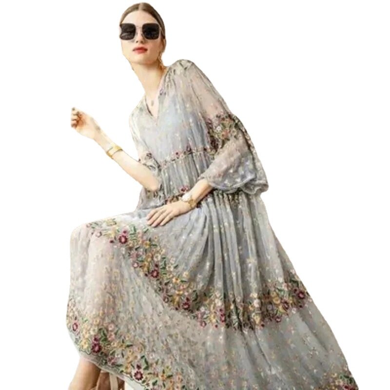 Женское длинное платье с вышивкой, свободное платье богатых леди, комплект из двух предметов, весна-лето 2024
