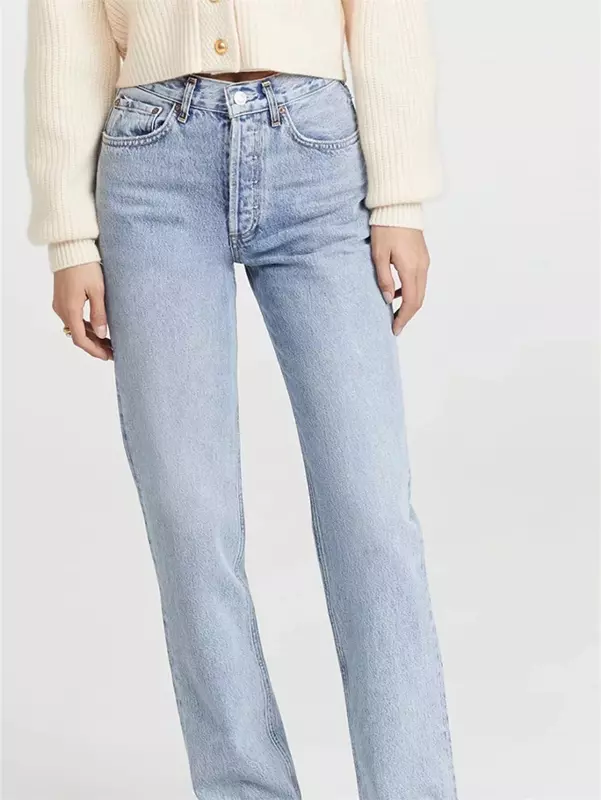 Calça jeans feminina reta de cintura alta com bolsos, jeans casual, todas as estações, zíper, tudo combina