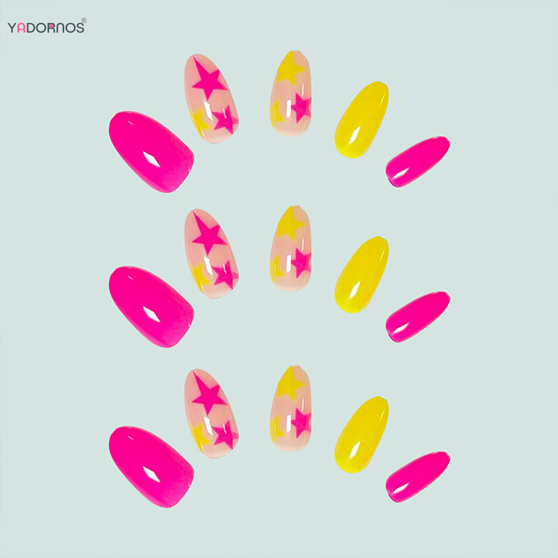 Rose Pink Press on Nails Five-pointed Star Printed Almond Wearable Yellow Fake Nails Full Cover False Nails Tips for Y2K Girls