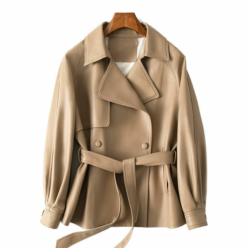 Julypalette-blazer de couro genuíno feminino, peito duplo, cinto com cordões, casacos cáqui femininos, pele de cordeiro chique, novo, 2023