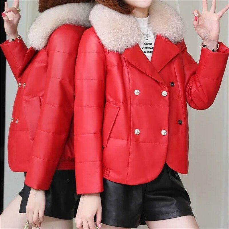 Autumn Winter Short Pu Leather Cotton Jacket Women Loose Fur Collar Coat Fashion Fouble-Breasted Outwear Thicken Overcoat Female