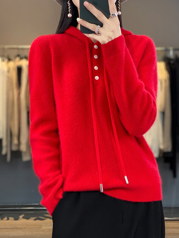 Aliselect-suéter de lana merina con capucha para mujer, Jersey informal de manga larga, abrigo de punto de Cachemira, moda coreana, otoño e invierno, 100%