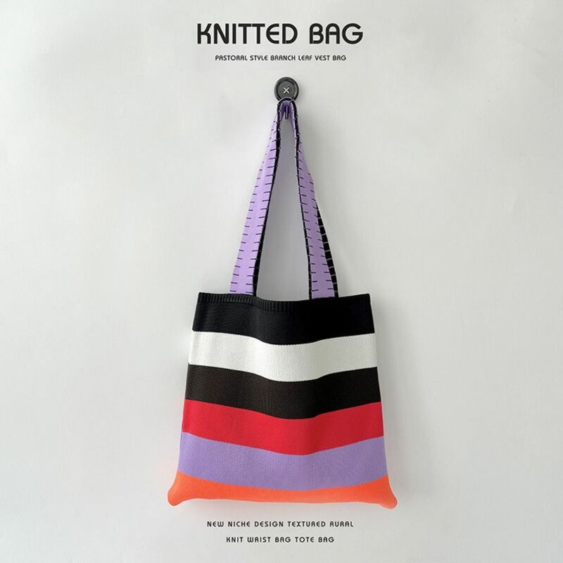Tęczowe paski torebka nowy kontrastowy kolor koreański styl przyjazne dla środowiska torebka na ramię na zakupy ręcznie tkana torba na ramię