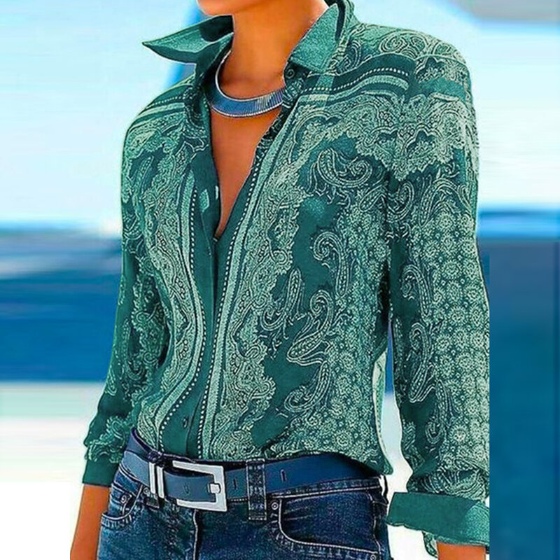Vintage zapinana na guziki bluzki moda damska tuniki koszule z długim rękawem eleganckie Retro casualowe w stylu Streetwear Top damski 2022 modny niebieski