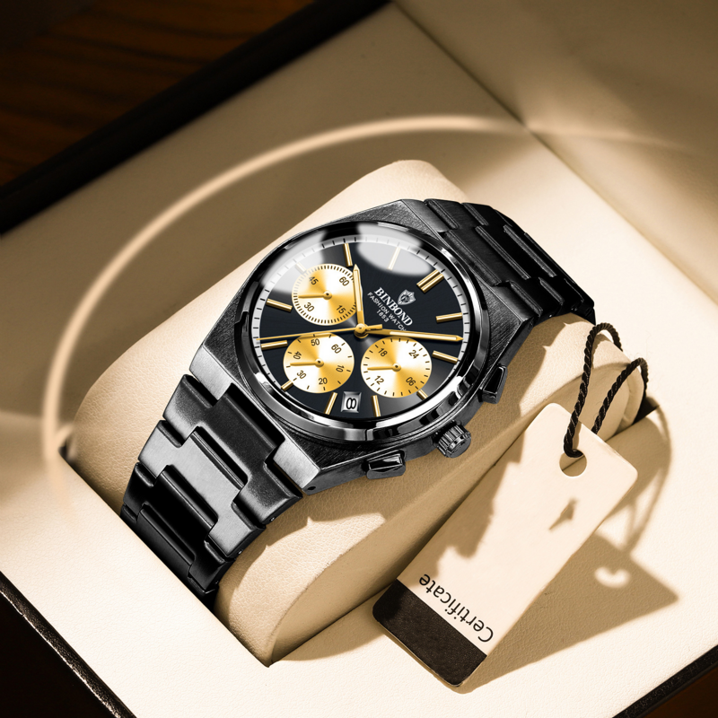 Jam tangan kuarsa untuk pria, arloji mewah olahraga tahan air dengan Chronograph, jam tangan tanggal bercahaya bahan Stainless Steel, jam tangan bisnis untuk pria