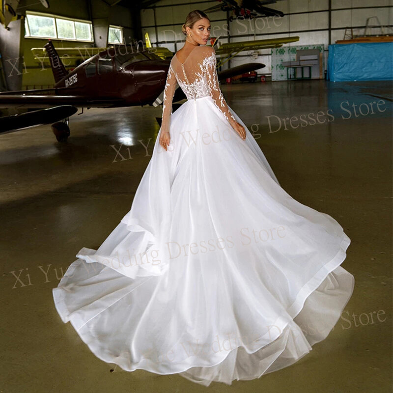 2024 우아한 A 라인 여성 웨딩 드레스, 매력적인 레이스 아플리케, 신부 가운, 긴 소매 구슬 비치