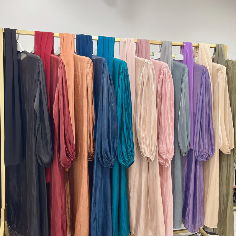 Bubble Sleeve Cardigan Muslim Dress 2022 Dubai Elegant Dress Simulated Silk Fashion Vestidos Largos Islamic Women Dress