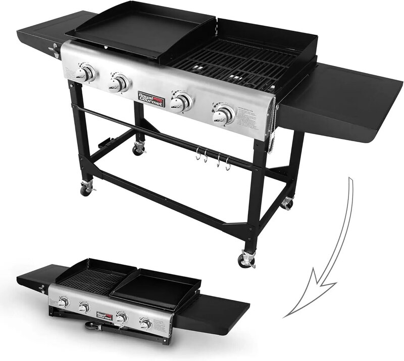 Portable Propane Gas Grill and Griddle Combo with Side Table | 4-Burner, Folding Legs,Versatile, Outdoor | Black 66 Inch