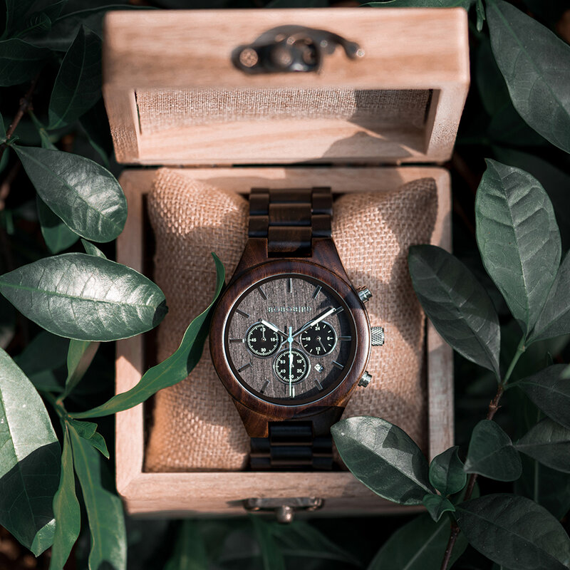 BOBO BIRD-reloj de madera de ébano para hombre, cronógrafo de pulsera, luminoso, personalizado, a la moda, regalo