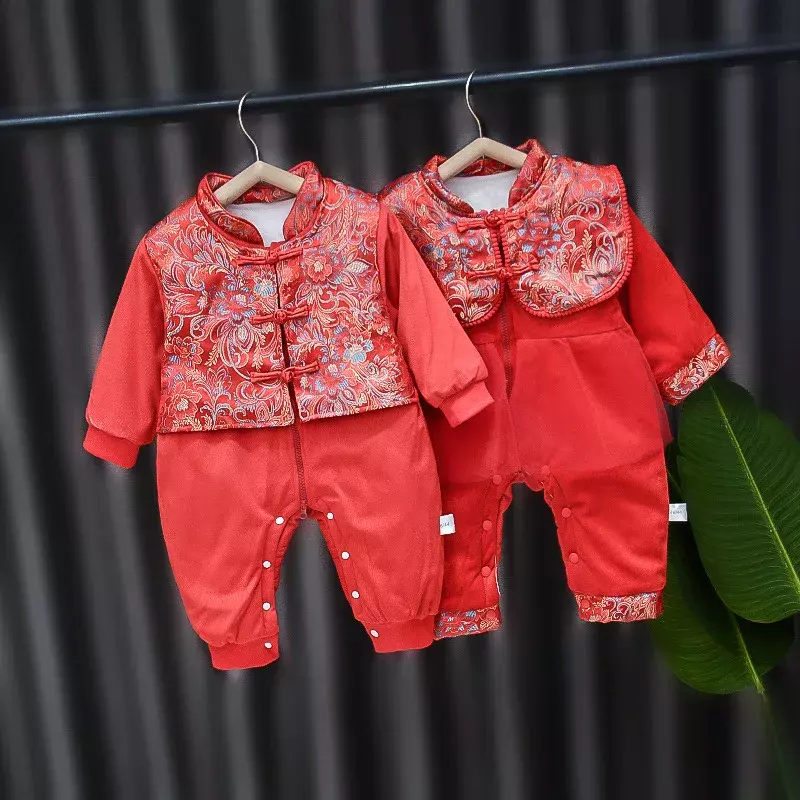 2023 jesienno-zimowy nowy niemowlę czerwony haftowany kombinezon Kawaii nowonarodzony chłopiec dziewczynka nowy rok strój Tang pogrubione prezenty urodzinowe