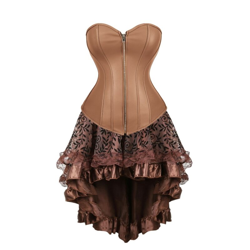 Готический сексуальный кожаный корсет на молнии в стиле стимпанк, топ, популярное нижнее белье, бюстье, асимметричная Цветочная кружевная юбка, Клубные костюмы