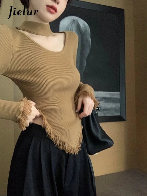 Jielur-jerseys de punto para mujer, Top de Color sólido con borlas delgadas, Color caqui y negro
