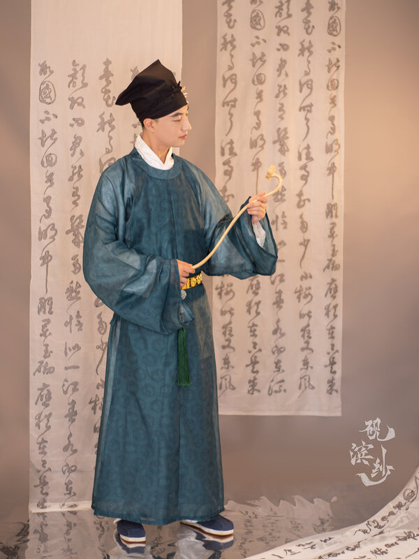Em torno do pescoço Hanfu Robe, manga estreita, impresso Turtle Back Pattern, Dinastia Song, Hanfu tradicional chinês, Material do fio impresso