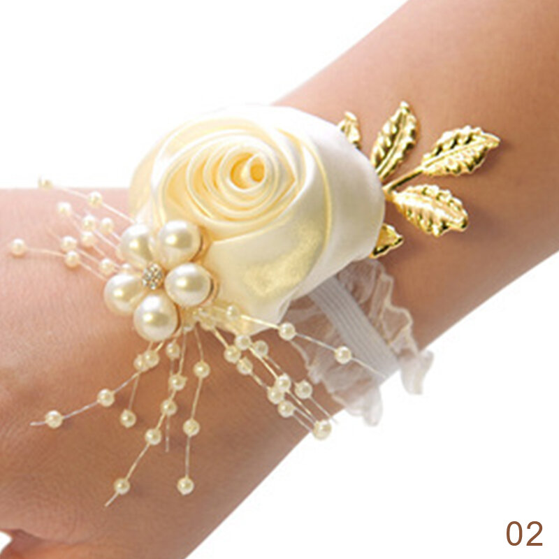 Bridesmaid Faux Rose Bracelet, Wedding Wrist Polyester Ribbon, Pearl Bow, Presentes nupciais, Hand Flowers Party Accessories, Wholesale