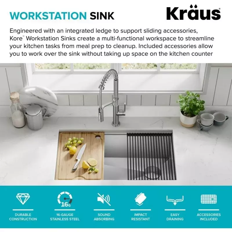 Kraus KWU110-32 Koreinch Undermount 16 Gauge Single Bowl Stainless Steel Kitchen Integrated Ledge and Accessories (Pack of 5),