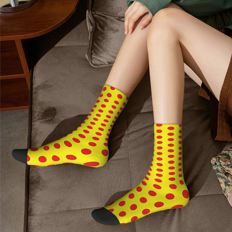 Meias clássicas vermelhas e amarelas de bolinhas para homens e mulheres, meias Harajuku, meias longas para toda a temporada, presentes de alta qualidade