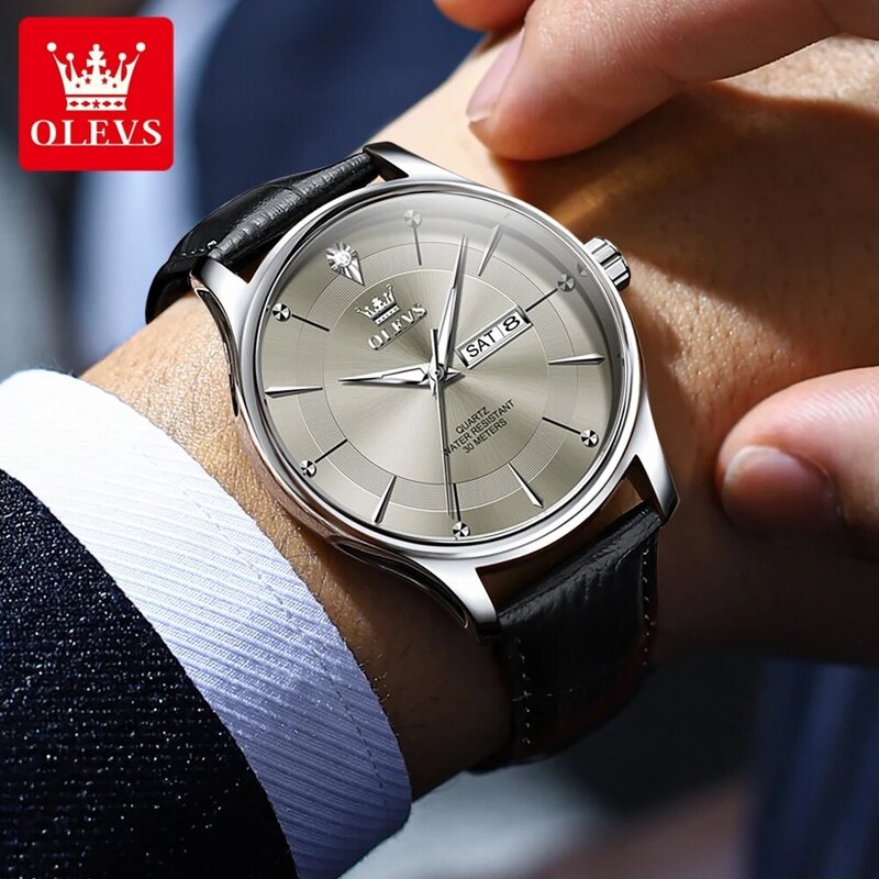 OLEVS Brand Fashion Grey Quartz Watch Men Leather Strap Waterproof Luminous Week Date Mens Luxury Watches Relogio Masculino
