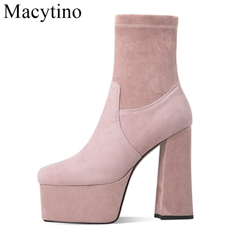 2022 High Heels Women's Boots Female Thick Platform Shoes Flock Ankle Boots Concise Solid Women Shoes Pink Black Autumn Winter