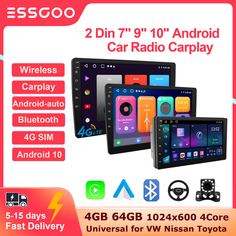 ESSGOO-Leitor multimídia carro universal, Carplay, Android, Auto 7, 9, 10 polegadas, 4G, 64G, DSP, AM, RDS, AHD, GPS, WIFI, 2 din