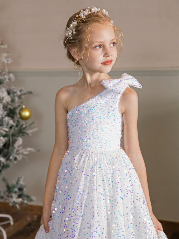 Wykwintna aksamitna cekinowa sukienki dla dziewczynek na jedno ramię do ślubnej suknia wizytowa z odkrytymi plecami bez rękawów o długości podłogi