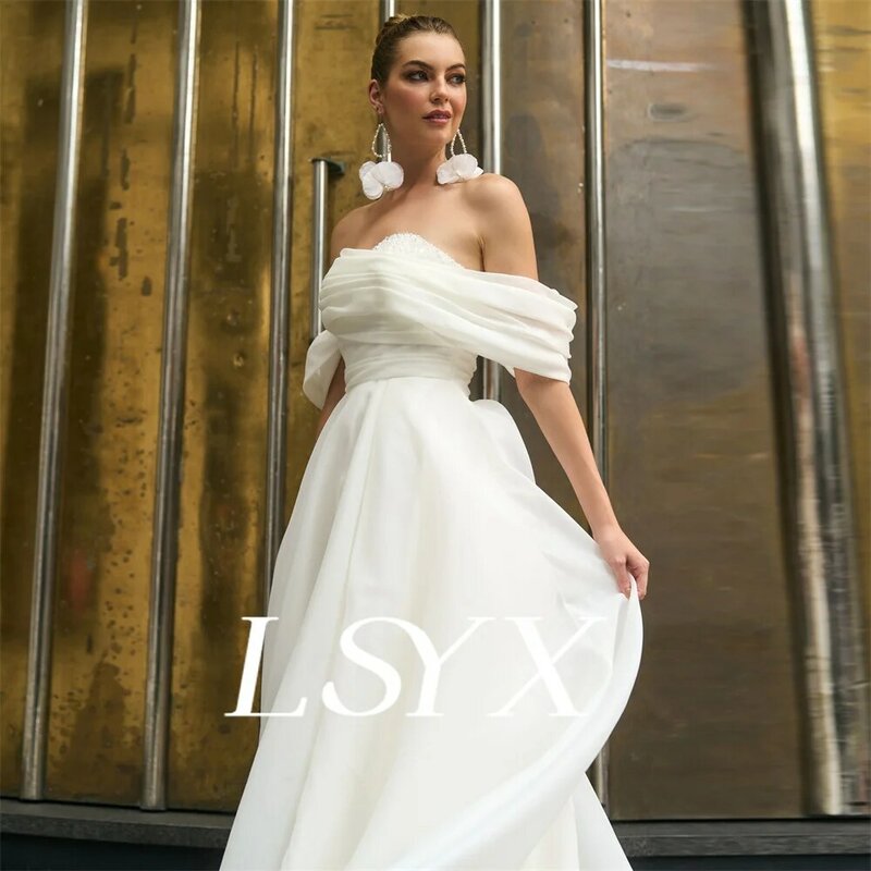 فستان زفاف من LSYX مكشوف الكتفين بالأورجانزا ، ثوب زفاف ، ظهر بسحاب مطرز ، طول الكلمة ، فتحة جانبية عالية ، Msde مخصصة