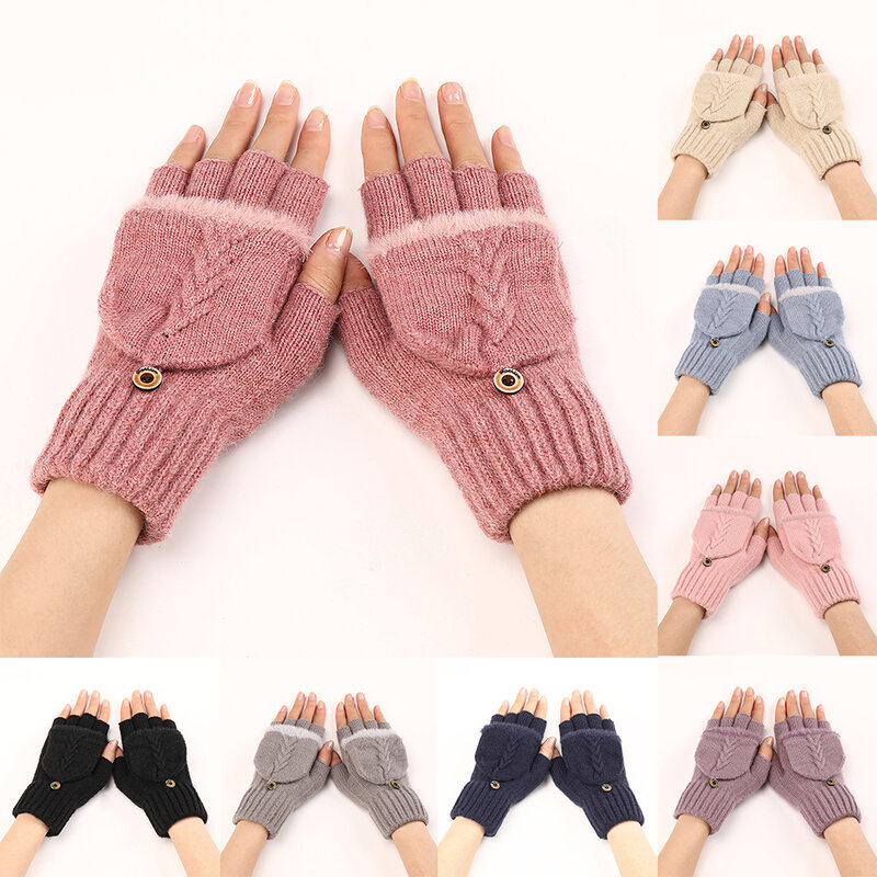 Winter Warm Knitted Flip Fingerless Gloves Thick Wool Half Finger Mittens Touch Screen Gloves For Men Women Cycling Mittens