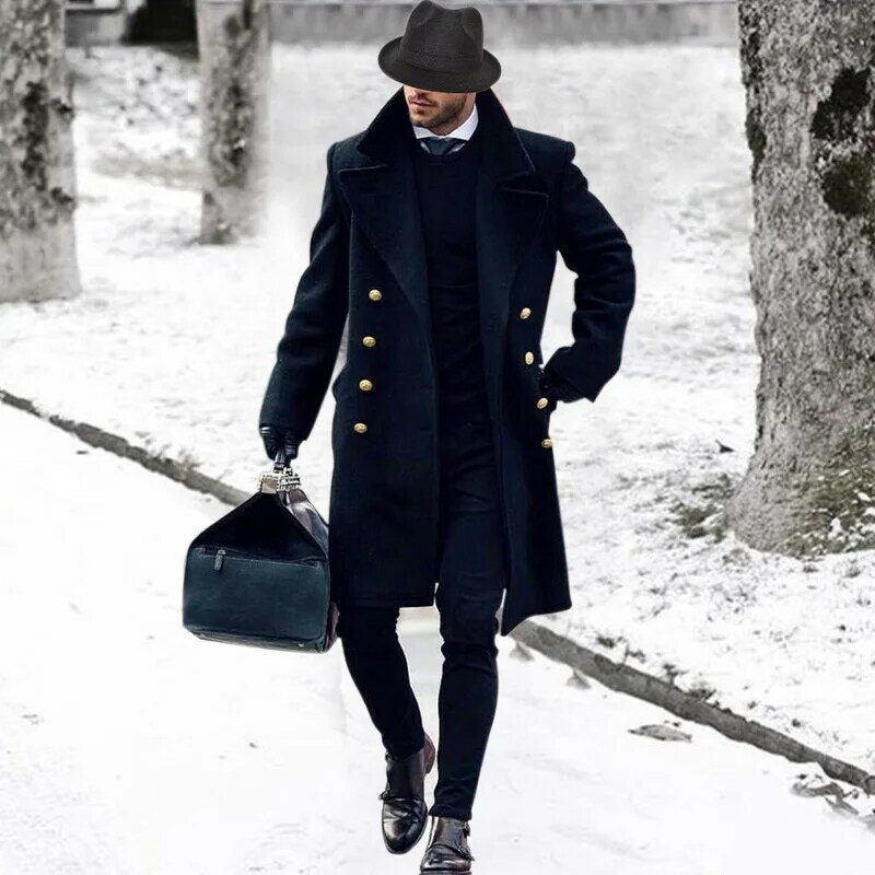 Jaket pria longgar warna polos, mantel kerah musim gugur musim dingin dengan pakaian wol lengan panjang Single Breasted