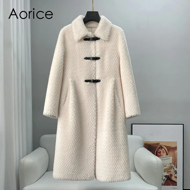 Aorice jaket desain kancing wanita, mantel panjang hangat bulu wol asli wanita musim dingin CT326