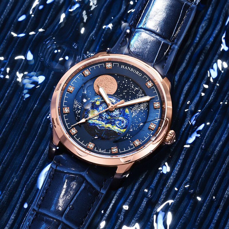 HANBORO Moonphase นาฬิกาผู้ชายนาฬิกา Earth Starry นาฬิกาจักรกลอัตโนมัติแบรนด์หรูนาฬิกากันน้ำ