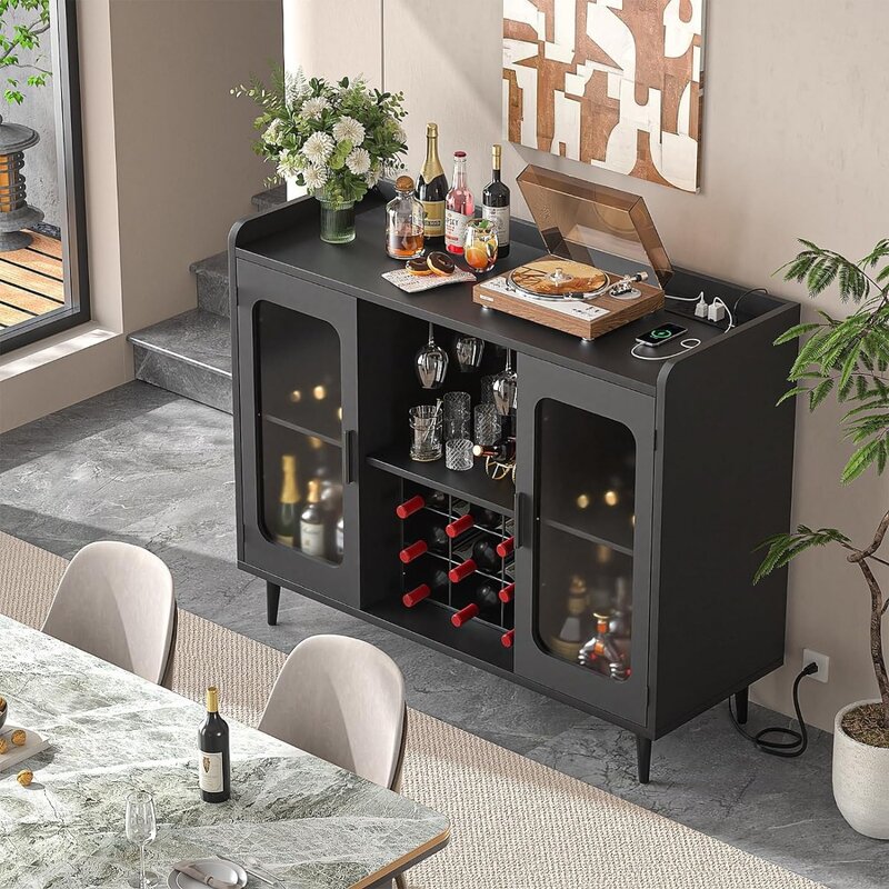 Dining Room Wine Refrigerator Liquor Cabinet Bar With LED Light and Glass Holder Buffet Sideboard With Storage Shelf for Kitchen