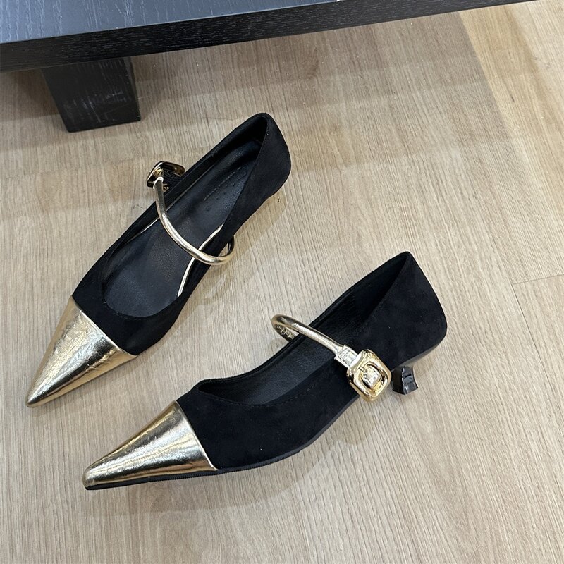 Zapatos elegantes y sofisticados para mujer, calzado sencillo de retales de ante, estilo de lujo ligero, Corte poco profundo, tacones altos con cinturón plano