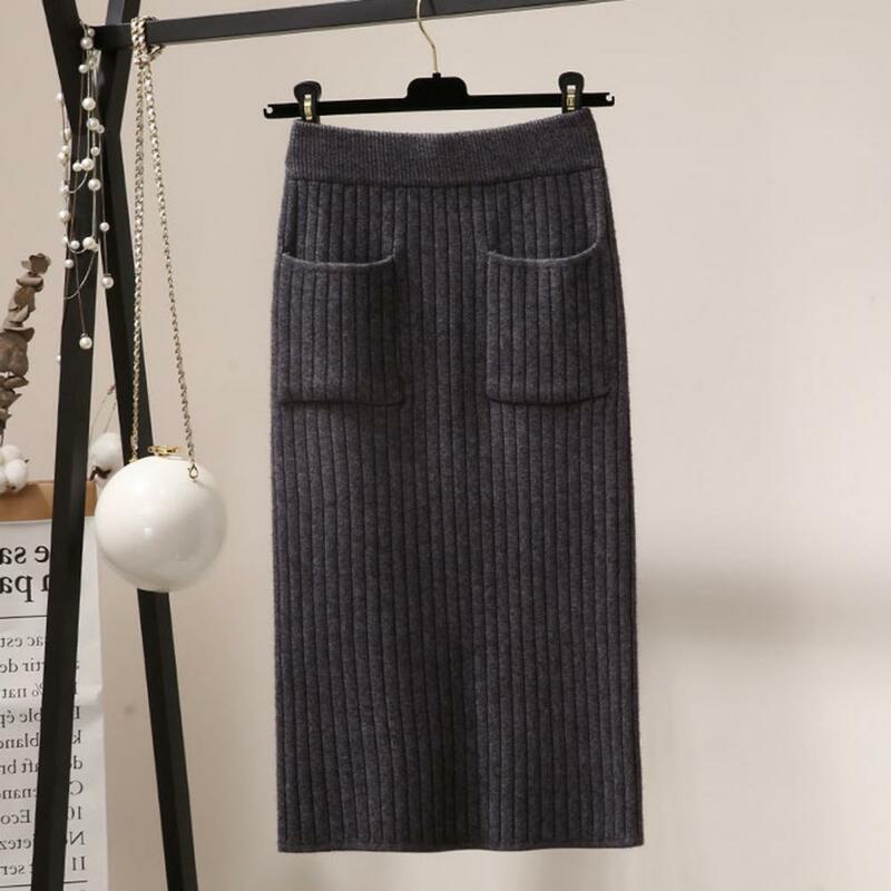 Rok gaya kasual rok modifikasi bentuk kaki wanita bergaya rok Midi rajutan tebal pinggang tinggi elastis kantong murni untuk musim dingin