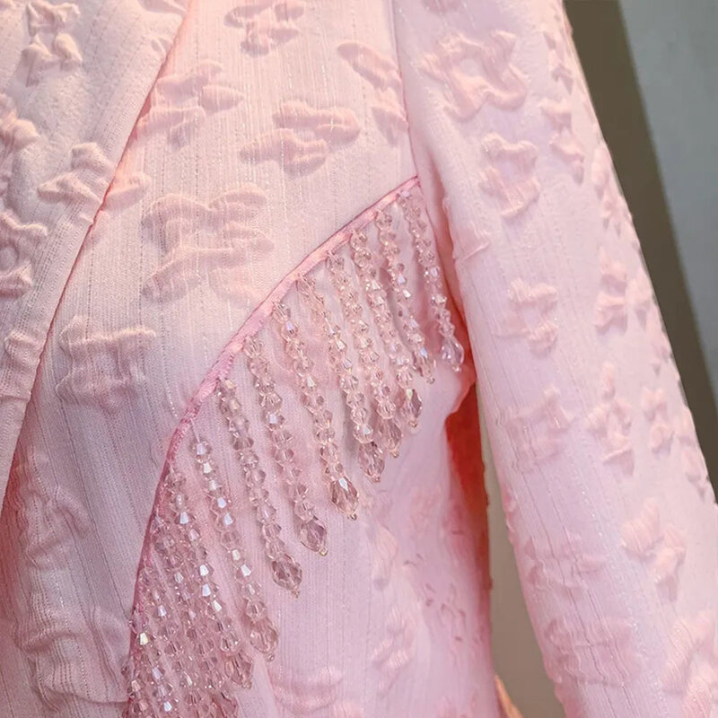 2024Spring Autumn Pink Blazers For Women Long Sleeve Fashion Jacquard Elegant Jacket Female Casual Crystal Tassel Slim Coat Lady