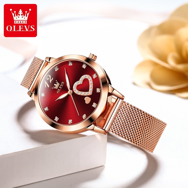 OLEVS jam tangan kuarsa mewah untuk wanita, arloji merek terbaik fesyen baja tahan karat warna emas mawar untuk wanita