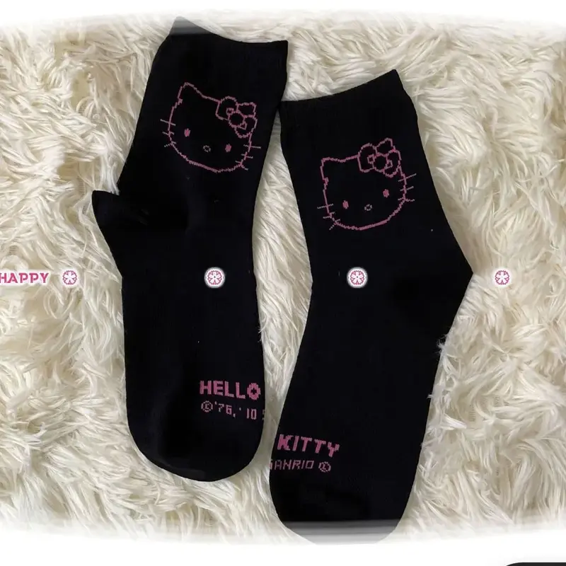 Meias Hello Kitty em preto e branco para mulher, meias femininas, Kawaii, Sanrio, Acessórios, Solado, Médio, Feminino