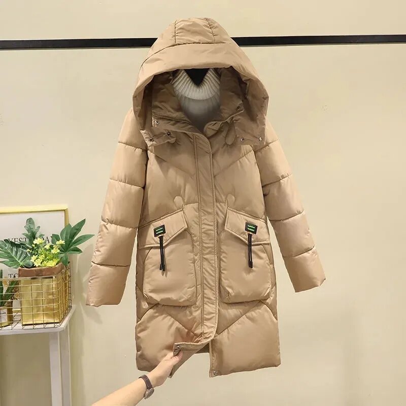 Jaqueta comprida de algodão com capuz para mulheres, parka quente, casaco feminino, sobretudo, outwear, inverno, 2023