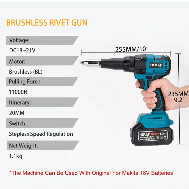 Hormy Brushless Electric Rivet Gun 11000N Cordless Rivet Nut Gun LED Auto Rivet Drill utensile elettrico ricaricabile per batteria Makita