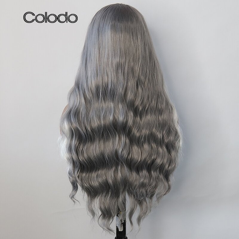 COLODO Wig sintetis renda depan wanita, Wig Cosplay Drag Queen tanpa lem, gelombang tubuh tinggi serat suhu putih abu-abu baru