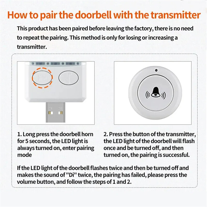 USB Wireless Music Doorbell for Home Outdoor USB Wire-free Door Bell DC 5V RF433 MHz Pairing Remote Control 30 Ringtongs Volume