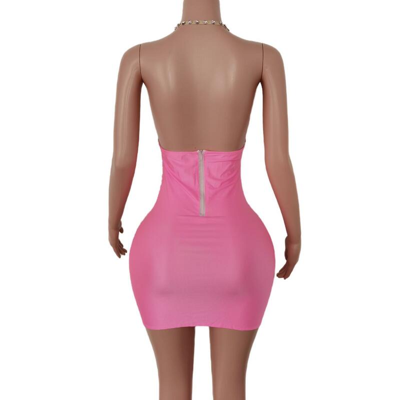 2023 New Arrivals Summer Women Clothing Sexy Deep V Neck Pink Diamonds Club Dress Sexy Mini Party Gowns for Women Bar Costumes