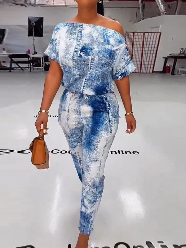 Macacão feminino com look jeans estampado no ombro, roupas femininas elegantes, uma peças casuais da moda, novo, 2023