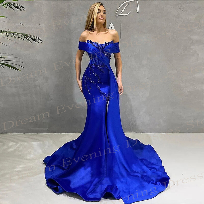 Popular Royal Blue Women's Mermaid Modest Evening Dresses Fashionable Off The Shoulder Beaded Prom Gowns Formal Occasion 이브닝드레스
